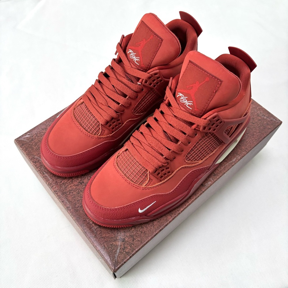 Air Jordan 4 Retro Brick by Brick -Men’s Sleek Orange-Red Suede Sneakers Shoes